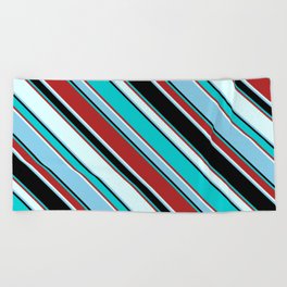 [ Thumbnail: Colorful Black, Dark Turquoise, Red, Light Cyan, and Sky Blue Colored Pattern of Stripes Beach Towel ]