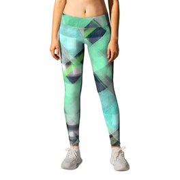Abstract Teal Green Black Watercolor Hand Painted Plaid Leggings