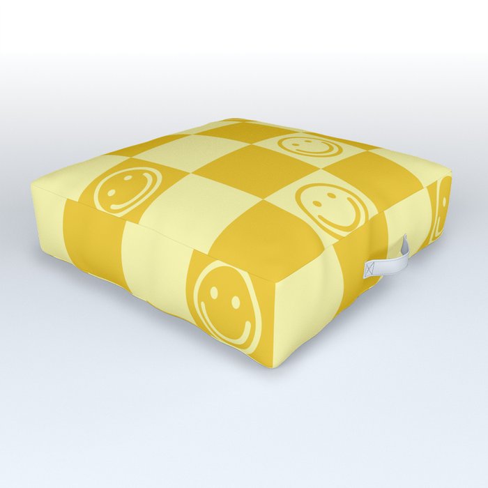 Cute Smiley Faces on Checkerboard \\ Sunshine Color Palette Outdoor Floor Cushion