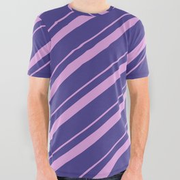 [ Thumbnail: Plum and Dark Slate Blue Colored Pattern of Stripes All Over Graphic Tee ]