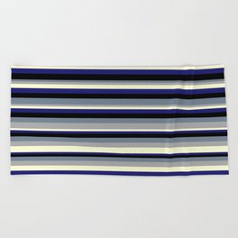 [ Thumbnail: Colorful Slate Gray, Dark Gray, Light Yellow, Midnight Blue, and Black Colored Lined/Striped Pattern Beach Towel ]
