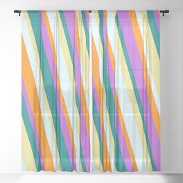 [ Thumbnail: Eye-catching Orchid, Teal, Tan, Light Cyan, and Dark Orange Colored Pattern of Stripes Sheer Curtain ]