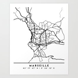 MARSEILLE FRANCE BLACK CITY STREET MAP ART Art Print