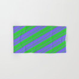 [ Thumbnail: Lime Green & Medium Slate Blue Colored Lined/Striped Pattern Hand & Bath Towel ]