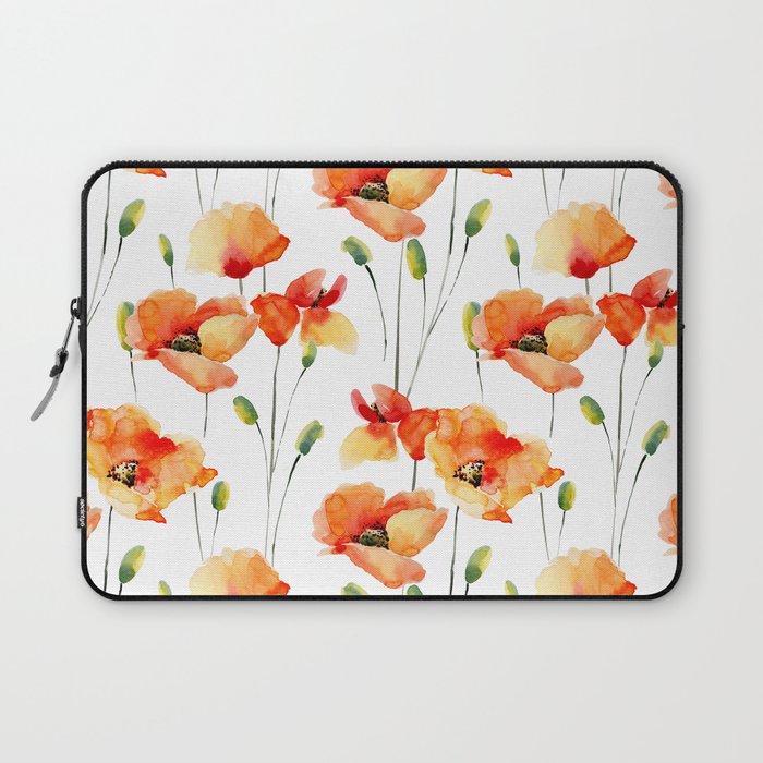 Hand Painted orange yellow watercolor poppies floral Laptop Sleeve