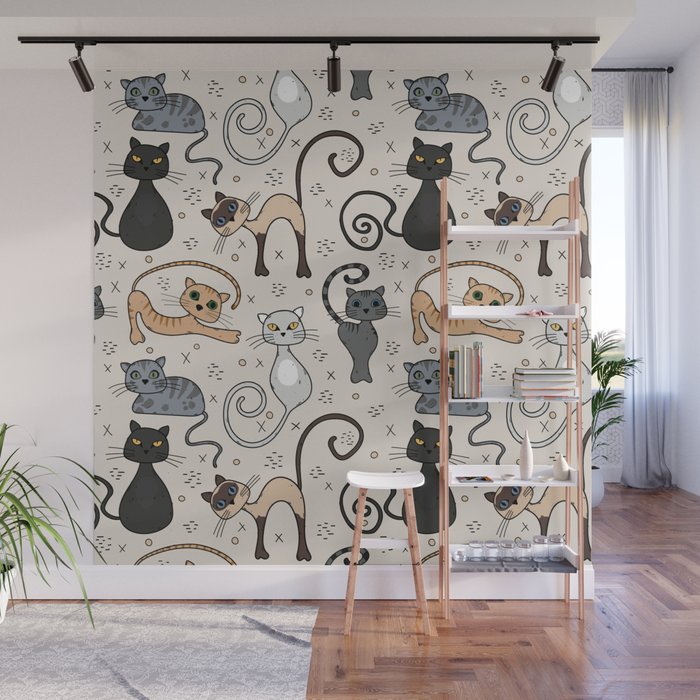 Cat lovers pattern with cute kittens Wall Mural