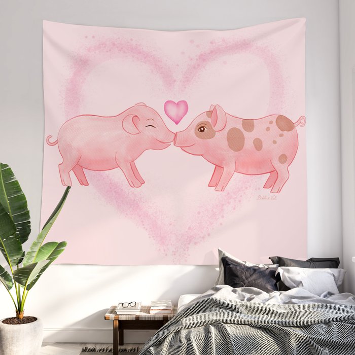 Cute Watercolor Little Pigs in Love, Farm Animals Baby Pink