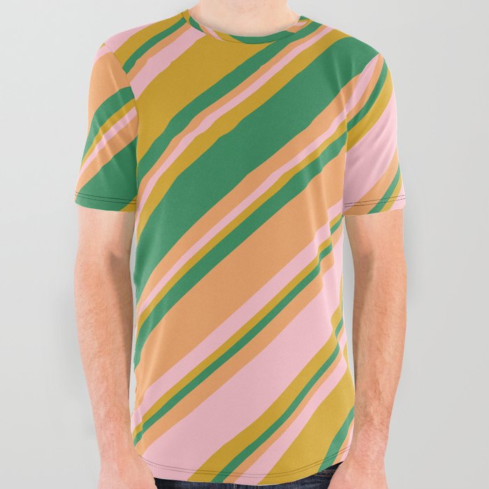 Goldenrod, Sea Green, Brown, and Pink Colored Striped/Lined Pattern All Over Graphic Tee