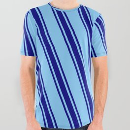 [ Thumbnail: Light Sky Blue & Blue Colored Stripes/Lines Pattern All Over Graphic Tee ]