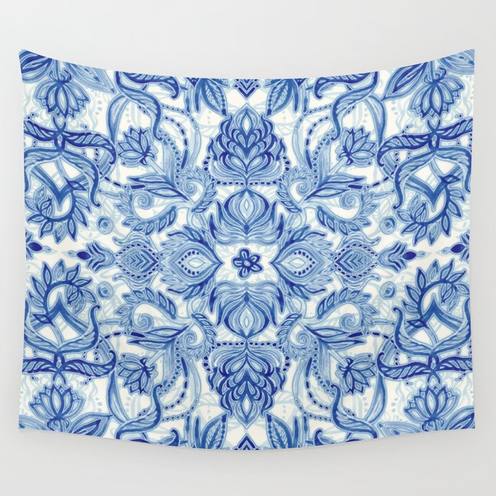 Pattern in Denim Blues on White Wall Tapestry