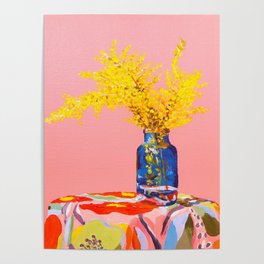 Pink Fuzzy Still Life | Golden Wattle Flower | Australian Native Flowers Poster