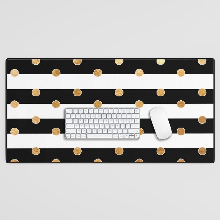 Black and white stripe gold dot Desk Mat