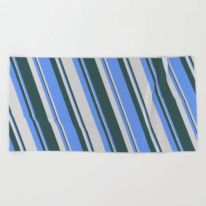 Cornflower Blue, Light Grey & Dark Slate Gray Colored Lines/Stripes Pattern Beach Towel