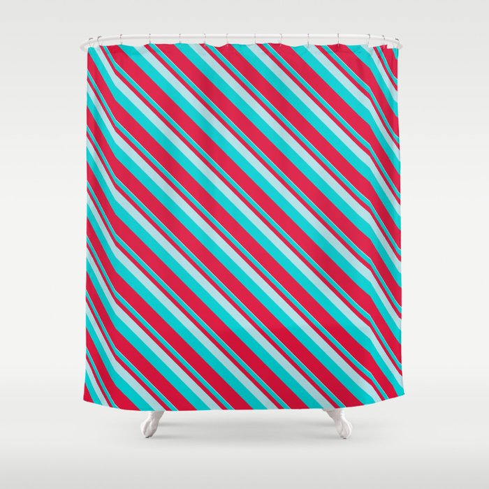 Powder Blue, Dark Turquoise, and Crimson Colored Lined Pattern Shower Curtain