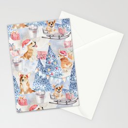 Welsh Corgi Dog Breed Christmas Watercolor Woodland Party -Cute Corgis Celebrate X-Mas In Forest Stationery Card