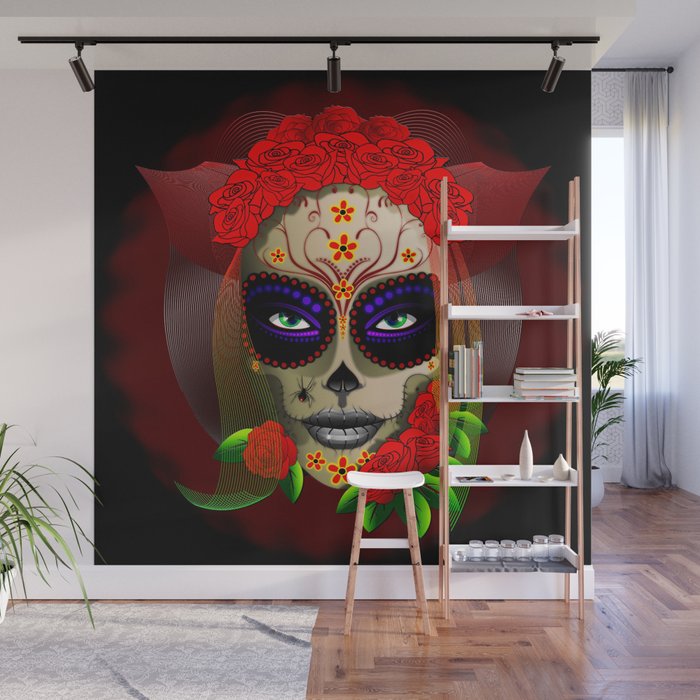 Skull Girl Dia de los Muertos Portrait Wall Mural