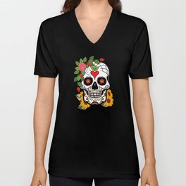 Floral Sugar Skull Muertos Day Of Dead Flower V Neck T Shirt