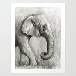 Elephant Black and White Watercolor Art Print