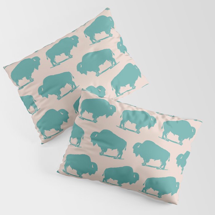 Buffalo Bison Pattern Turquoise and Beige Pillow Sham
