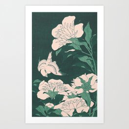 Peonies and Canary on Muted Forest Green by Katsushika Hokusai : Japanese Flowers Art Print