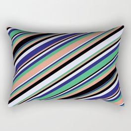 [ Thumbnail: Eyecatching Sea Green, Dark Salmon, Black, Lavender & Midnight Blue Colored Lines/Stripes Pattern Rectangular Pillow ]