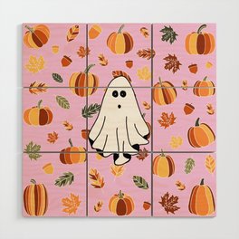 Ghost, pumpkins and leafs Wood Wall Art