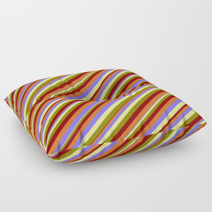 Eyecatching Medium Slate Blue, Tan, Green, Dark Red & Chocolate Colored Striped/Lined Pattern Floor Pillow