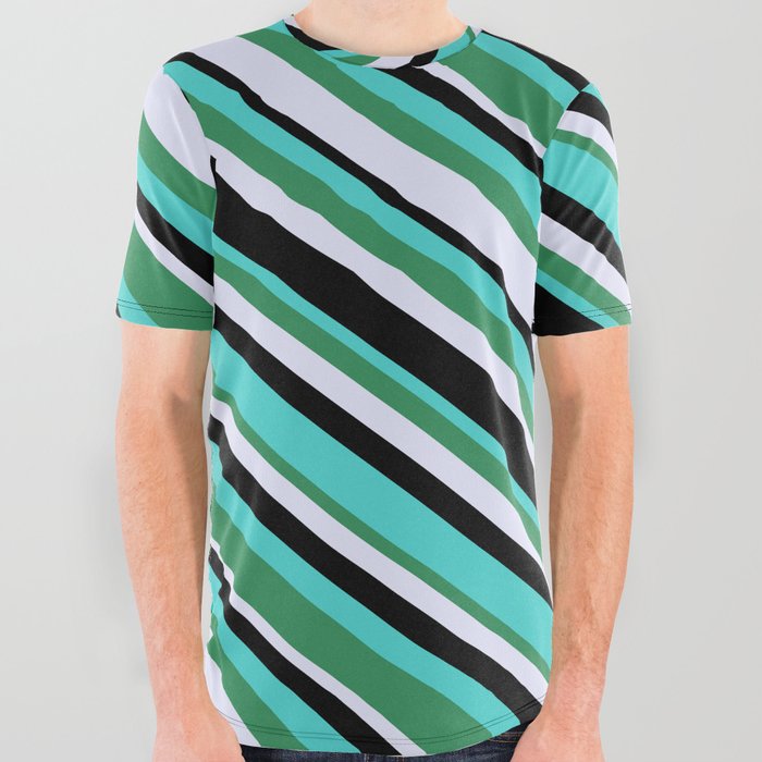 Turquoise, Sea Green, Lavender & Black Colored Stripes Pattern All Over Graphic Tee