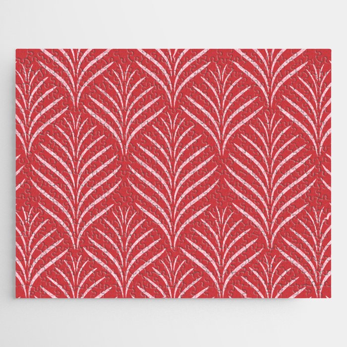 Palm Leaves Ogee Pattern Red and Pink Jigsaw Puzzle