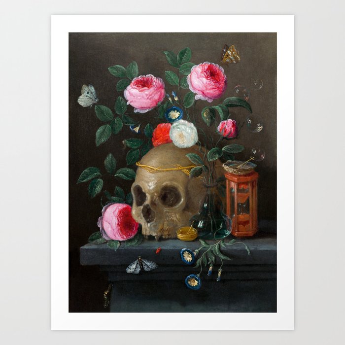 Skull with Crown and Flowers Still Life Art Print