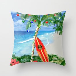 Beach Christmas Throw Pillow | Christmas, Hawaii, Caribbean, Melekalikimaka, Beach, Graphicdesign, Surf, Digital, Palmtree, Warmwinter 