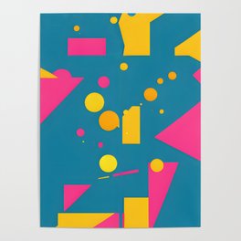 Yellow and pink circles and squares on a blue background Poster