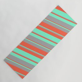 [ Thumbnail: Red, Aquamarine, and Dark Grey Colored Lined/Striped Pattern Yoga Mat ]