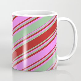 [ Thumbnail: Dark Sea Green, Red, and Violet Colored Stripes Pattern Coffee Mug ]