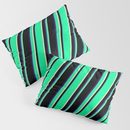 [ Thumbnail: Green, Tan, Black, and Indigo Colored Lines/Stripes Pattern Pillow Sham ]