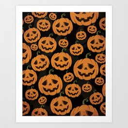 Jack O Lantern Halloween Pattern on Black Art Print