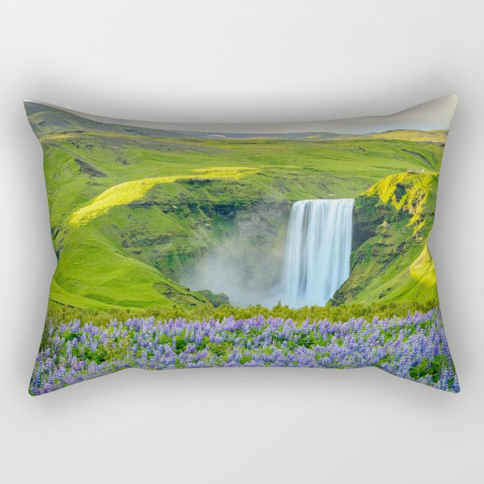 Skogafoss Summer Iceland Waterfall Wildflowers Landscape Rectangular Pillow
