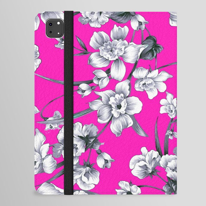 Modern neon pink black white abstract floral iPad Folio Case