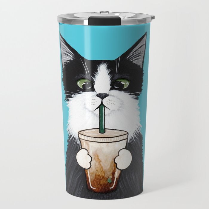 Tuxedo Cat With Iced Coffee Travel Mug By Kilkennycat | Society6