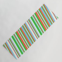 [ Thumbnail: Red, Sky Blue, Mint Cream, and Lime Green Colored Pattern of Stripes Yoga Mat ]