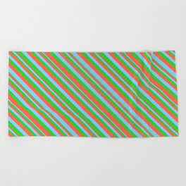 [ Thumbnail: Lime Green, Red, and Light Sky Blue Colored Striped Pattern Beach Towel ]
