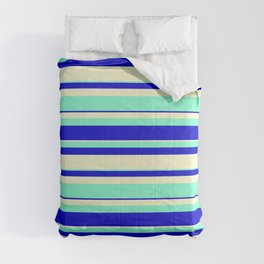 [ Thumbnail: Light Yellow, Aquamarine, and Blue Colored Striped/Lined Pattern Comforter ]