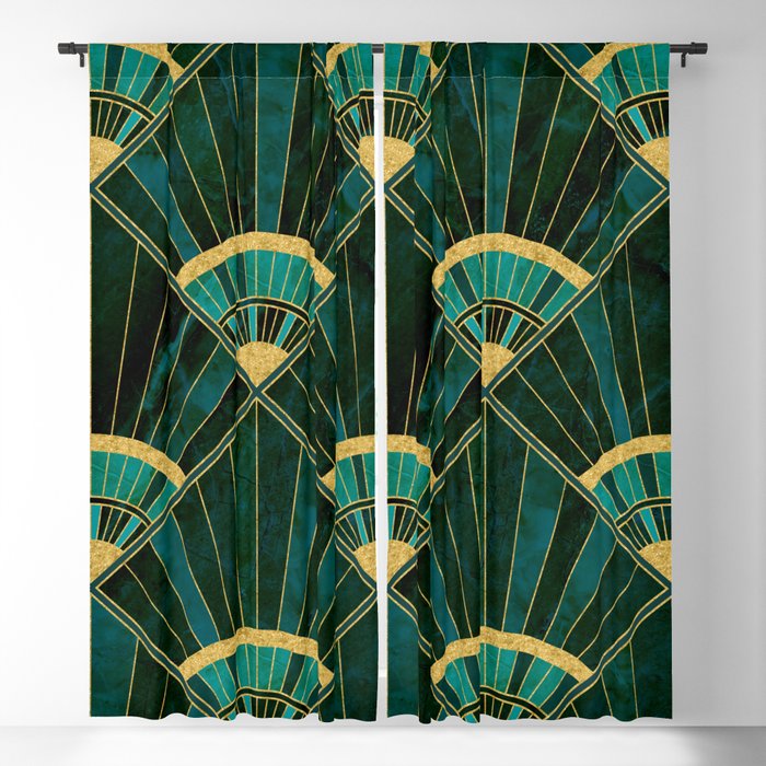 Art Deco Real Green Marbled Geometric Pattern Blackout Curtain