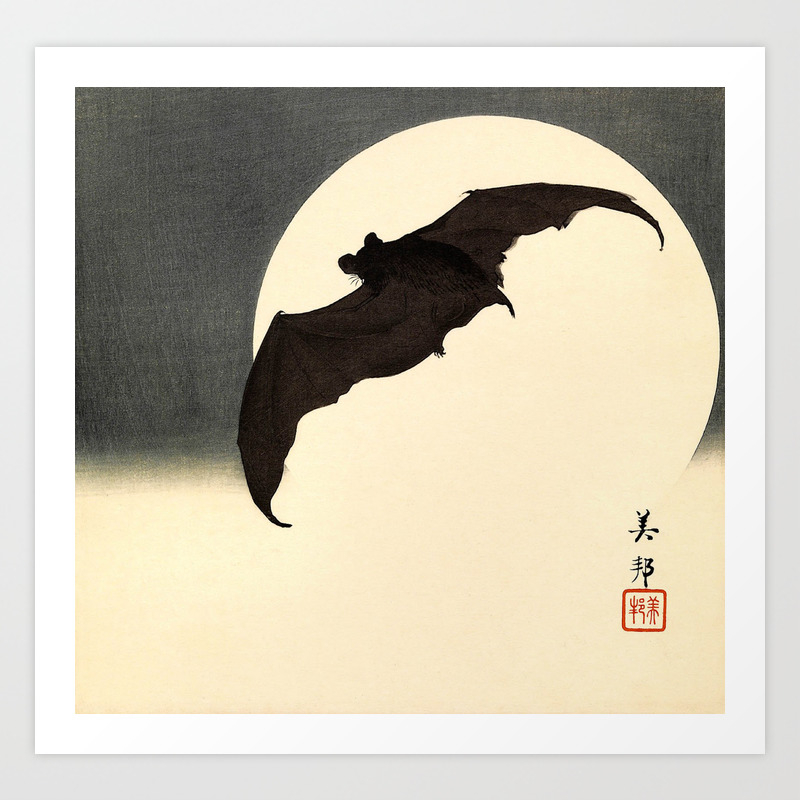Koson Ohara Bat And Full Moon Japanese Vintage Woodblock