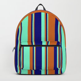 [ Thumbnail: Chocolate, Aquamarine & Blue Colored Stripes Pattern Backpack ]