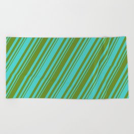 [ Thumbnail: Green and Turquoise Colored Stripes/Lines Pattern Beach Towel ]