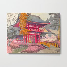 Japanese Woodblock Print Vintage Bright East Asian Red Pagoda Spring Garden Metal Print | Garden, Digital, Eastasian, Vintage, Graphite, Red, Japanese, Autumn, Pegoda, Woodblockprint 