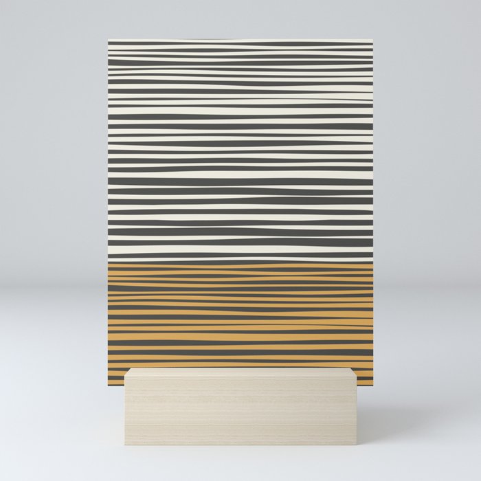 Natural Stripes Modern Minimalist Colour Block Pattern in Charcoal Grey, Mustard Gold, and Beige Cream Mini Art Print