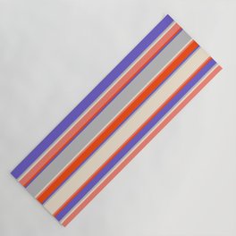 [ Thumbnail: Eye-catching Slate Blue, Grey, Beige, Salmon, and Red Colored Striped Pattern Yoga Mat ]