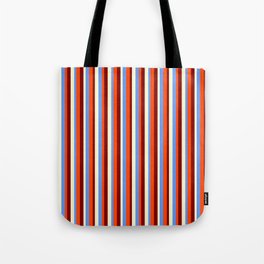 [ Thumbnail: Cornflower Blue, Red, Maroon & Light Yellow Colored Striped Pattern Tote Bag ]